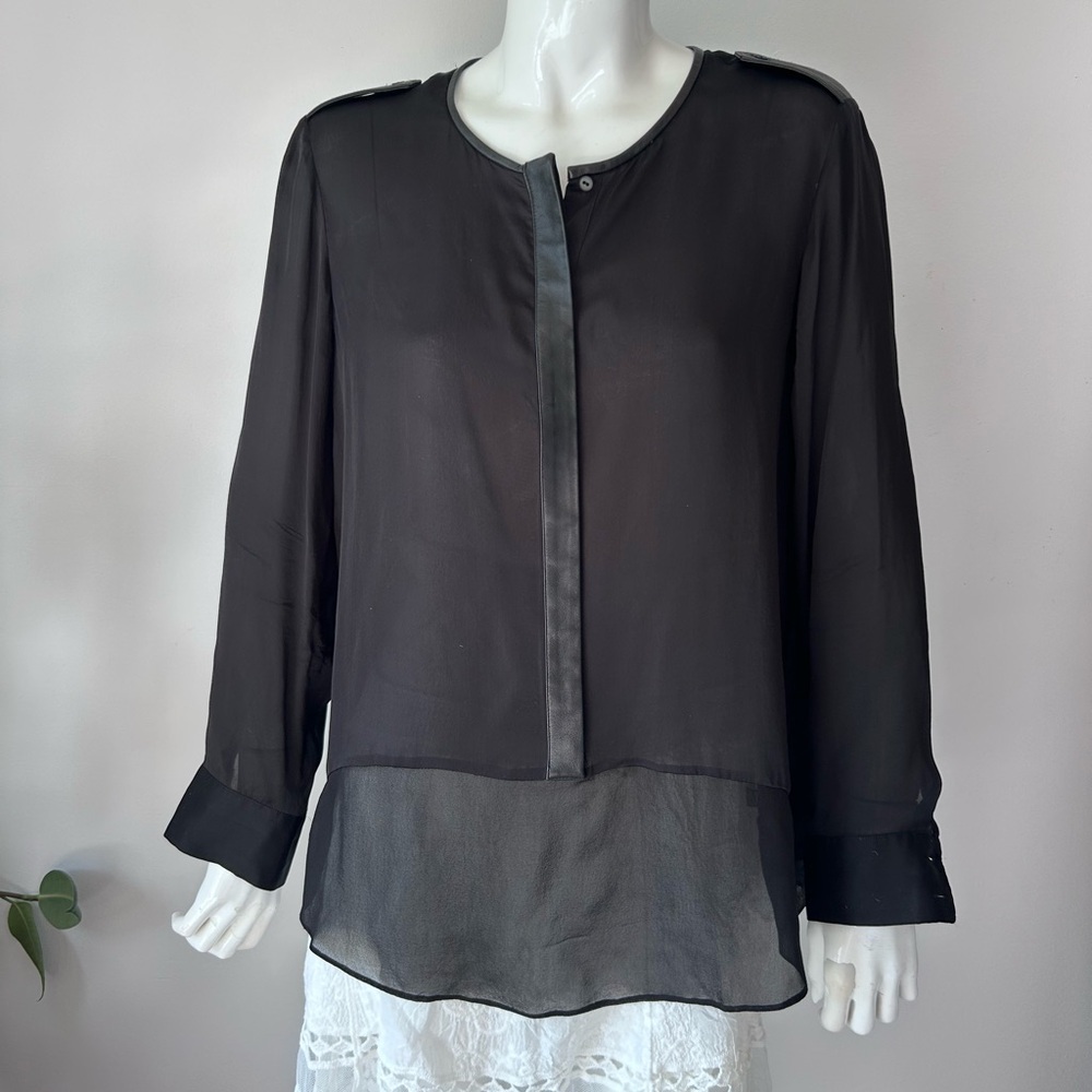 Club Monaco  silk Long Sleeve Leather Trim Crew Neck Blouse black top
